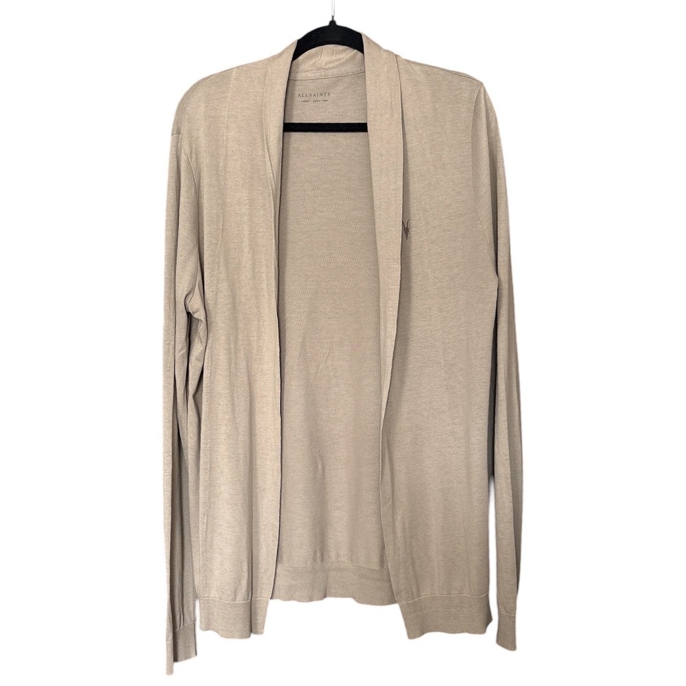 AllSaints Parlour Open Cardigan Beige Taupe Ramskull Logo MD025P Men's Large